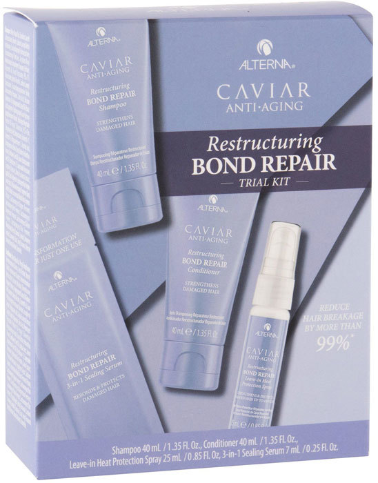 Alterna Caviar Anti-Aging Restructuring Bond Repair Shampoo 40ml Combo: Shampoo 40 Ml + Conditioner 40 Ml + Heat Protection Spray 25 Ml + Sealing Serum 7 Ml (Damaged Hair)