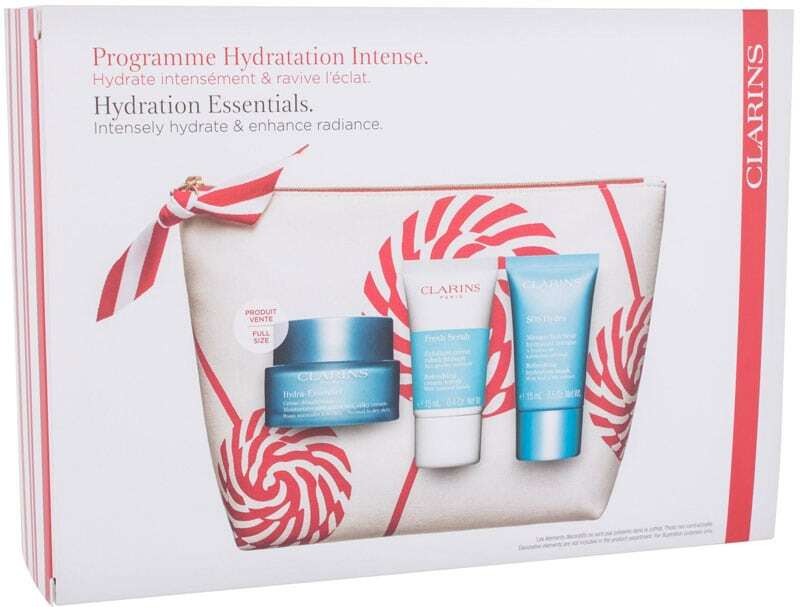 Clarins Hydration Essentials Day Cream 50ml Combo: Hydra-Essentiel Day Care 50 Ml + Fresh Scrub Peeling 15 Ml + SOS Hydra Skin Mask 15 Ml + Cosmetic Bag (For All Ages)