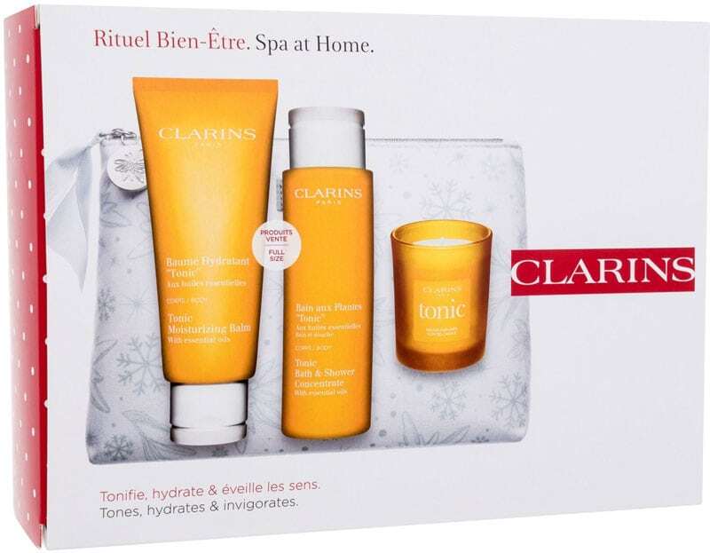 Clarins Spa At Home Body Balm 200ml Combo: Tonic Moisturizing Balm 200 Ml + Shower Gel Tonic Bath & Shower Concentrate 200 Ml + Candle Tonic Oil Scented + Cosmetic Bag