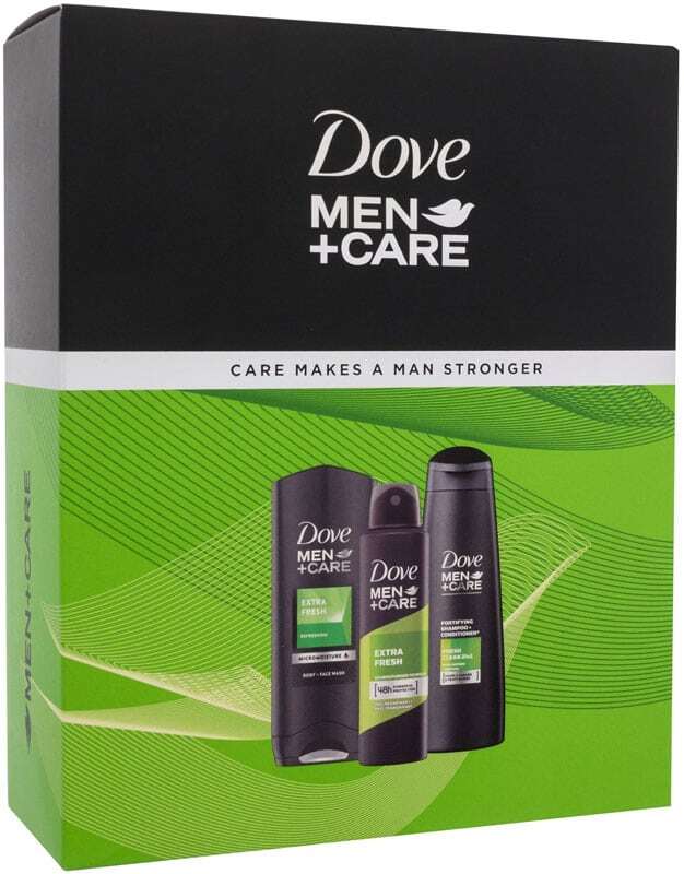 Dove Men + Care Extra Fresh Care Makes A Man Stronger Shower Gel 250ml Combo: Shower Gel Men+Care Extra Fresh 250 Ml + Antiperspirant Men+Care Extra Fresh 150 Ml + Shampoo Men+Care Fresh 250 Ml