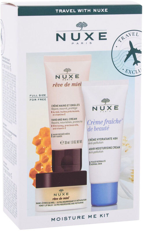 Nuxe Moisture Me Kit Day Cream 30ml Combo: Creme Fraiche De Beauté 48HR Moisturizing Cream 30 Ml + Hand Cream Reve De Miel 30 Ml + Reve De Miel Honey Lip Balm 15 G (For All Ages)