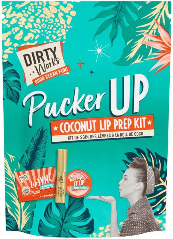 Dirty Works Pucker up lip prep Kit 1 Lip it Up coconut lip scrub, 1 Lip Sync Coconut Lip Mask, 1 Coconut Lip plumper