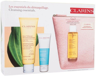 Clarins Cleansing Essentials Cleansing Cream 125ml Combo: Hydrating Gentle Foaming Cleanser 125 Ml + Fresh Scrub 50 Ml + Hydrating Toning Lotion 50 Ml + Cosmetic Bag