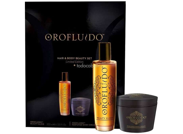 Orofluido Hair & Body Beauty Set Hair Oils and Serum 100ml Combo: Liquid Gold Beauty Elixir 100 Ml + Body Cream 200 Ml (All Hair Types)